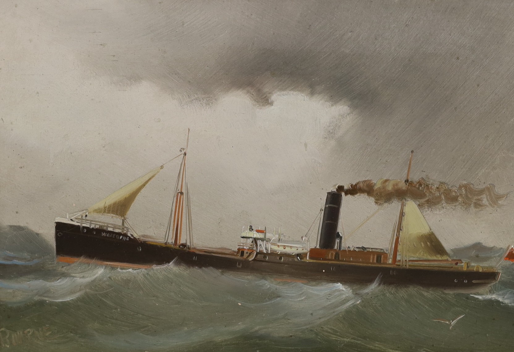 English School c.1900, pair of oils on millboard, Ship portraits of steam yachts, one indistinctly signed, 27 x 38cm
